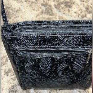 Black Textured Snake Design Shoulder Bag with Curved Handle